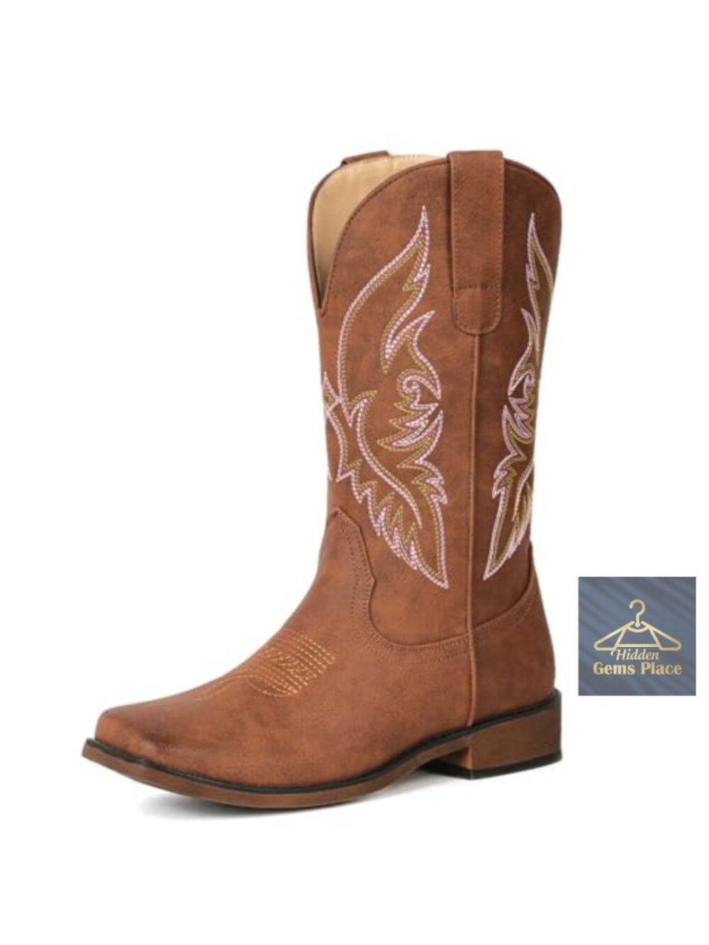 Square Toe Cowboy Boots Women Mid Calf Pull On Embroidered Western Cowgirl Boots